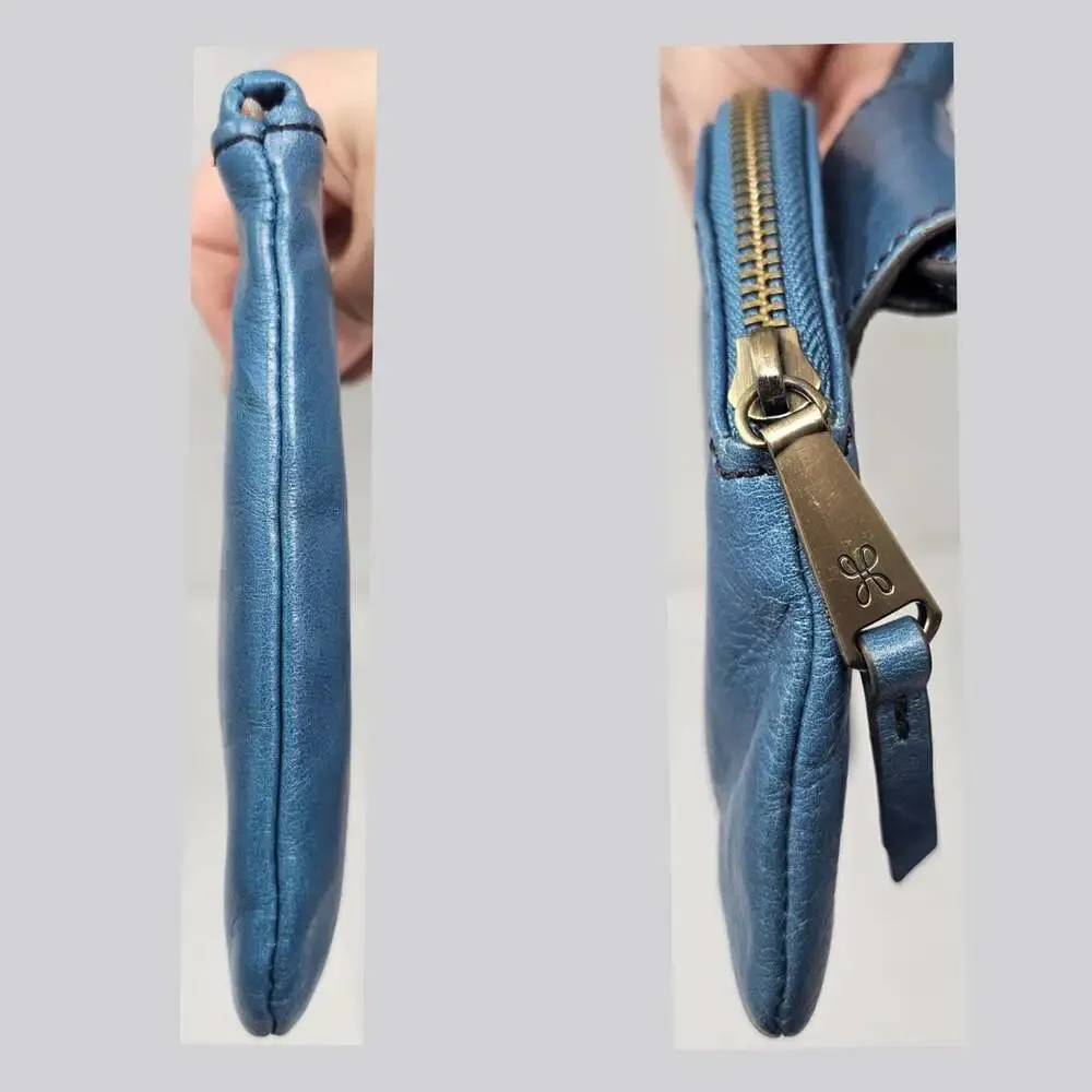 HOBO Sable Clutch Leather Wristlet Blue Circular Handle Brass Tone Hardware